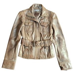 NWOT Kenneth Cole Reaction Brown Leather Belted Jacket X-SMALL